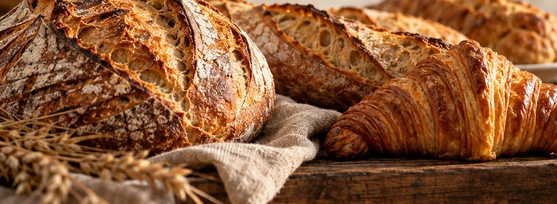 Composição ilustrativa de pães artesanais de fermentação natural e croissant